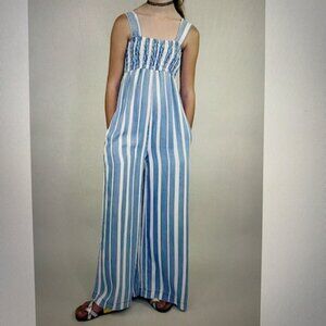 Tractr Smocked Wide Leg Striped Jumpsuit